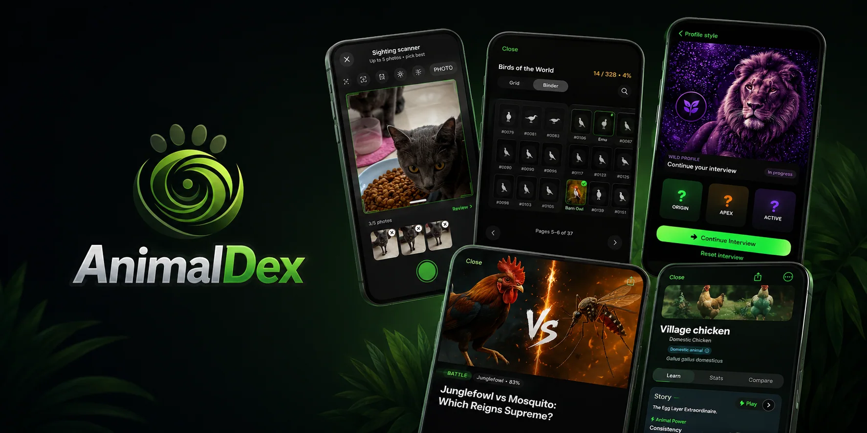AnimalDex app banner showing its animal scanner, collection, comparisons, lessons and Wild Profile features