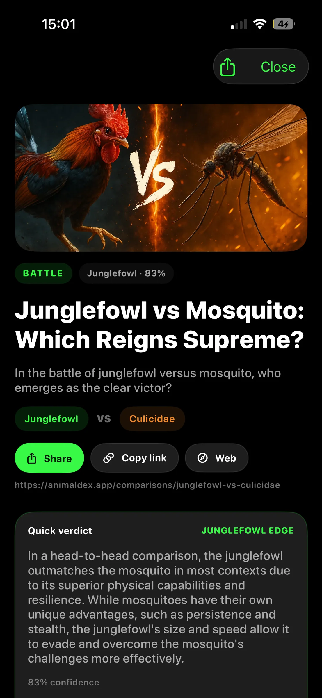 AnimalDex comparison battle screen placing two animals side by side