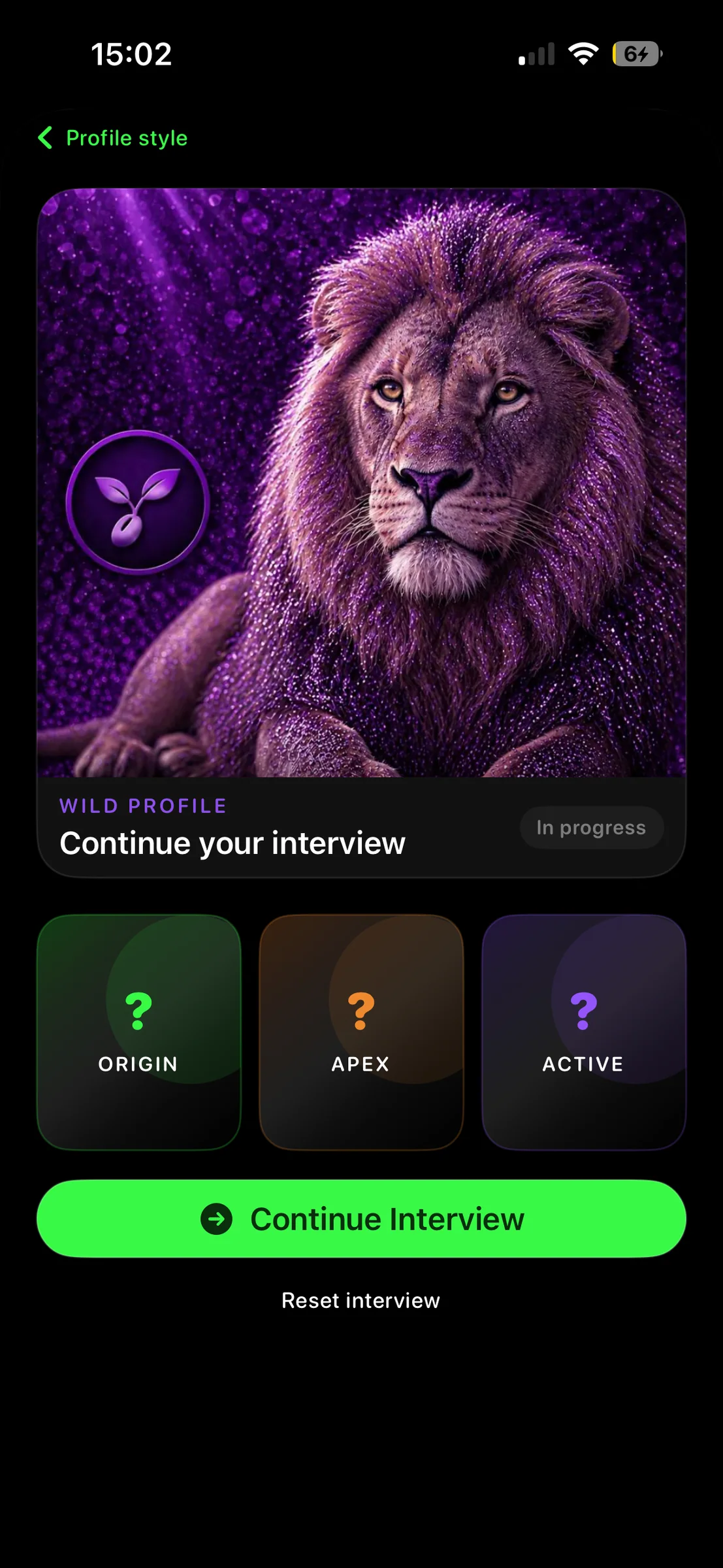 AnimalDex Wild Profile screen showing personality patterns connected to animals